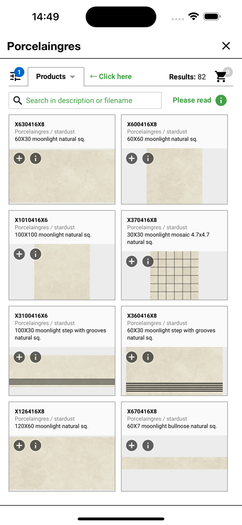 Porcelaingres - A digital catalog of moonlight natural ceramic slabs in the Porcelaingres mobile app for architects and designers.
