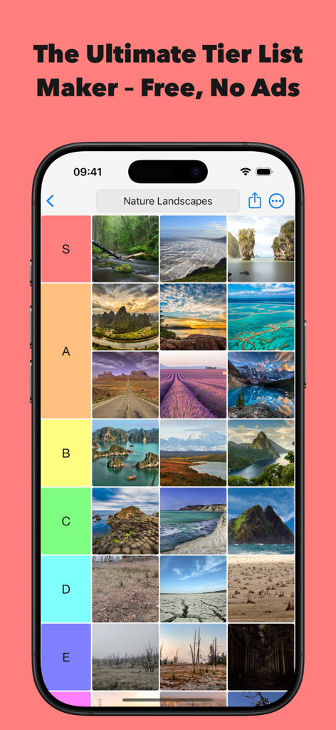A mobile interface of the TierCreator app showing a ranked list of nature landscapes from S to E tier