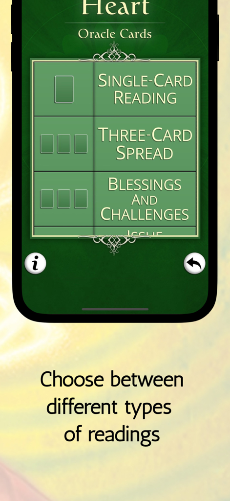 The Psychic Tarot for Heart - Interface of the Psychic Tarot for Heart app showing options for single card and three card readings