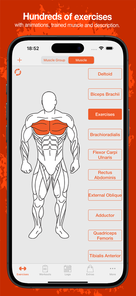 Fitness Point Pro: Home & Gym - Interface of Fitness Point Pro app displaying a male anatomical diagram with various muscle group labels for exercise selection.