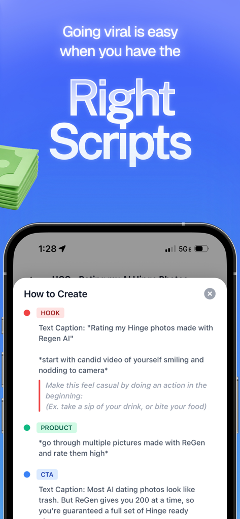 Bounty: Make Content, Get Paid - Mobile phone showing content creation scripts and instructions for UGC creators in the Bounty app