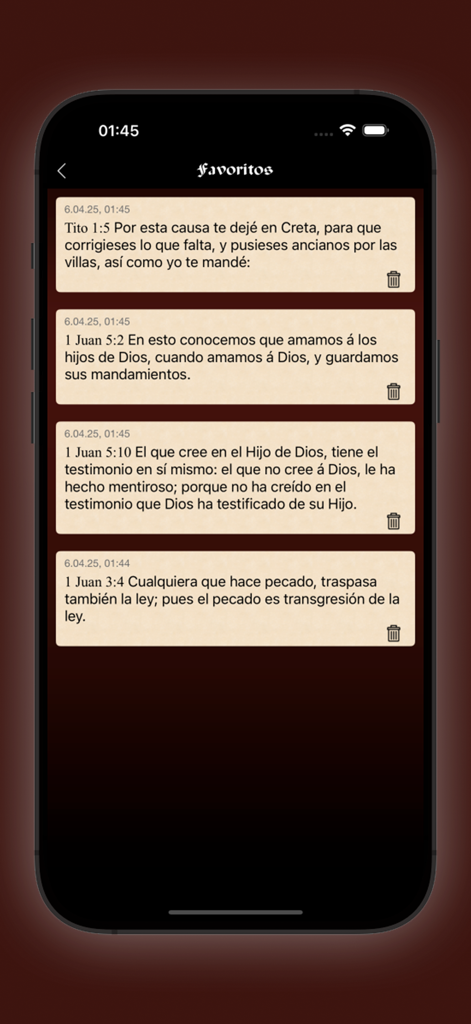 Spanish Bible - Reina Valera - Una pantalla de móvil mostrando la sección de Favoritos de la app Spanish Bible Reina Valera con varios versículos marcados.