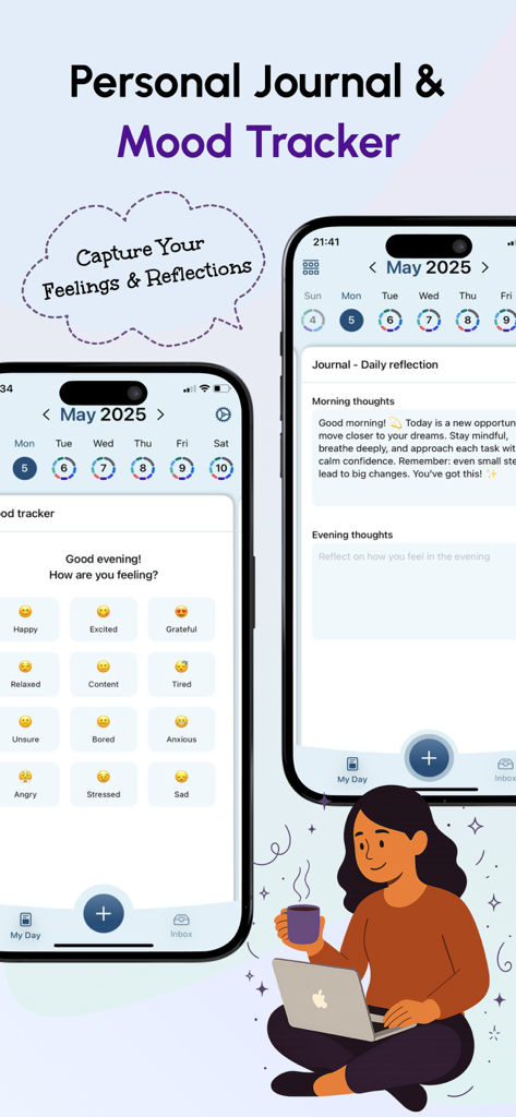 Simplified AI planner app interface featuring a mood tracker with emojis and a daily journal for reflections.