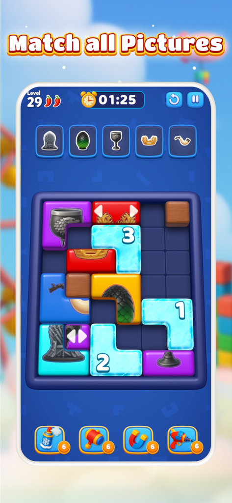A gameplay screenshot of Picture Block Jam showing colorful blocks being matched to complete pictures on a mobile device