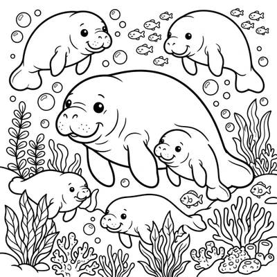 Dive into an ocean of cuteness with our Kawaii Manatees & Dugongs coloring page, featuring these gentle giants and their adorable babies. This delightful scene with bubbles and fish is perfect for a relaxing and creative coloring session.