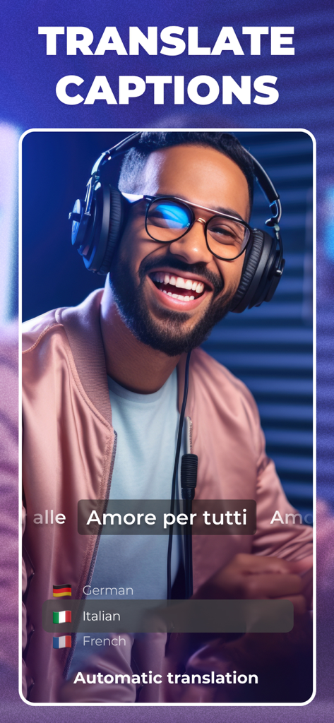 Interfaz de la aplicación SubMe AI mostrando la traducción automática de subtítulos de vídeo al italiano para un creador de contenido