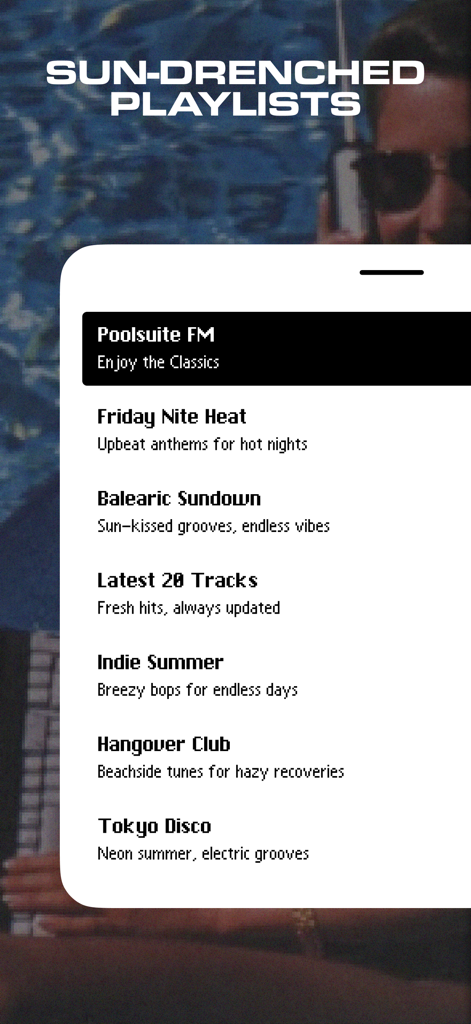 Poolsuite FM - List of curated music channels in the Poolsuite FM app with a retro interface.