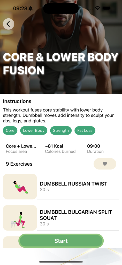 Learn Karate Mastery At Home - Karate Mastery app workout screen showing a core and lower body fusion routine with exercise details and calorie tracking