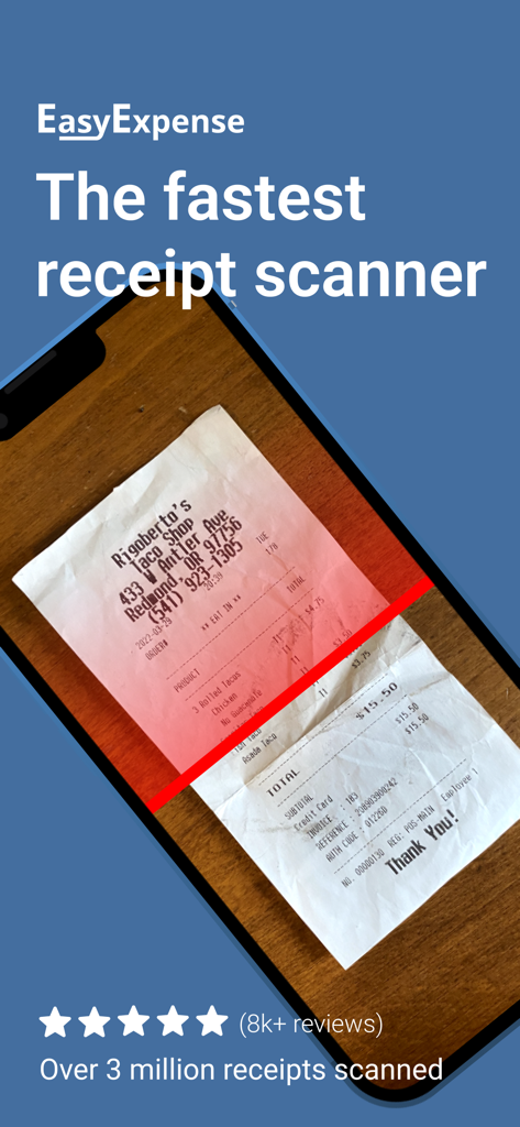 L'application EasyExpense numérisant un reçu papier avec une ligne de balayage OCR rouge