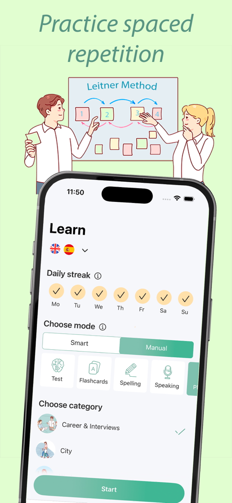 My Words: Vocabulary builder - My Words app dashboard showing spaced repetition learning modes and daily streak progress