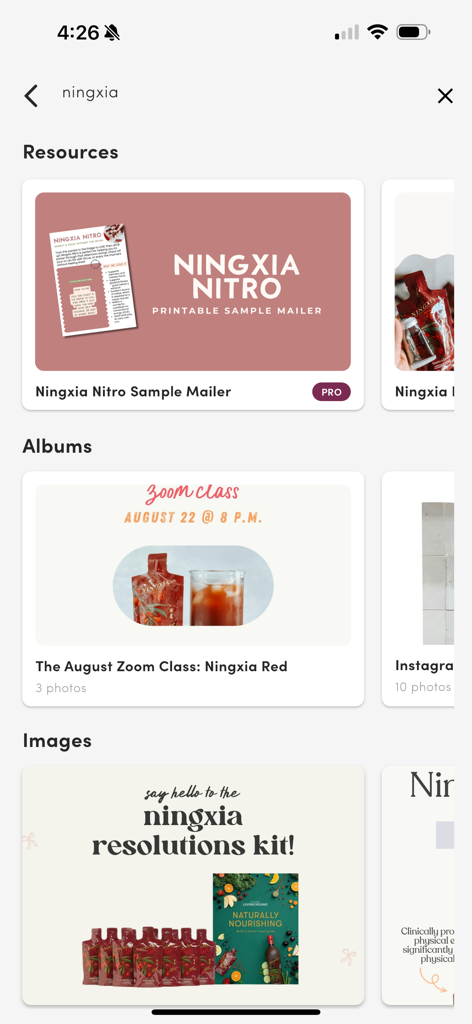 A search results page in the Life Steps app for Ningxia products showing various marketing resources guides and class information