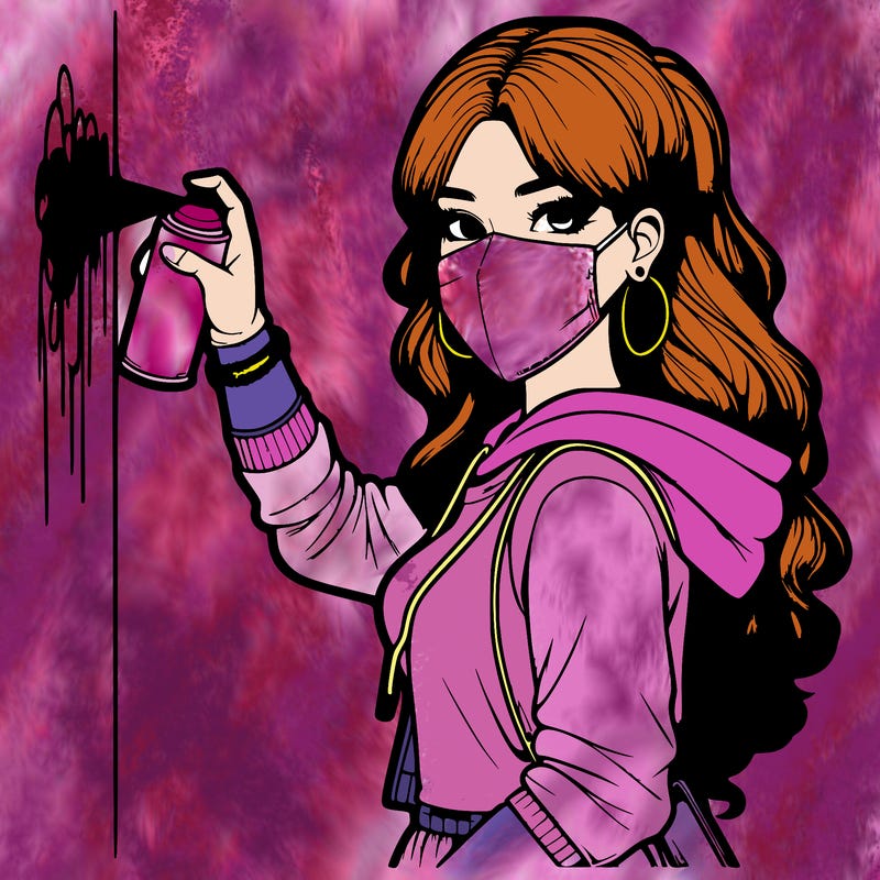 realistic girl with mask spray painting a wall