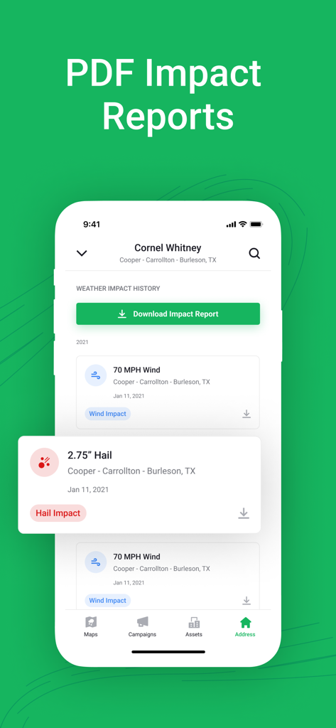 Hail Trace - Hail Trace mobile app screen showing weather impact history and a button to download PDF reports.