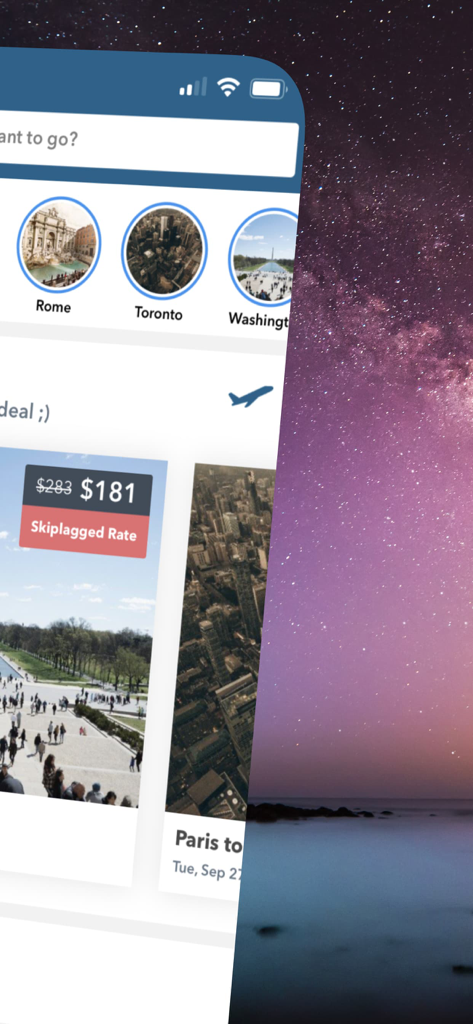 Skiplagged app interface displaying discounted flight rates and popular travel destinations