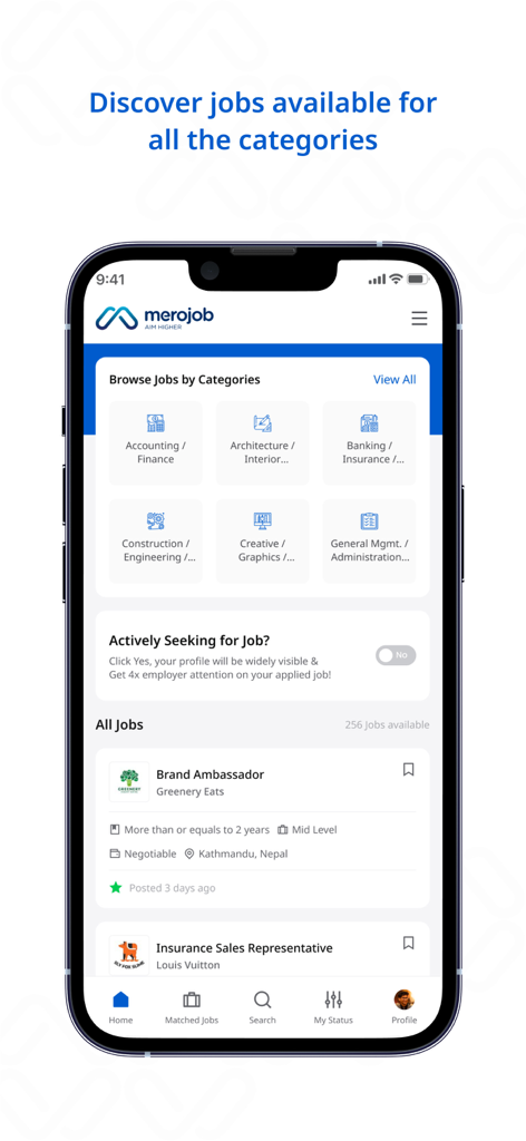 Merojob.com - Merojob app interface showing various job categories and recent job listings in Nepal