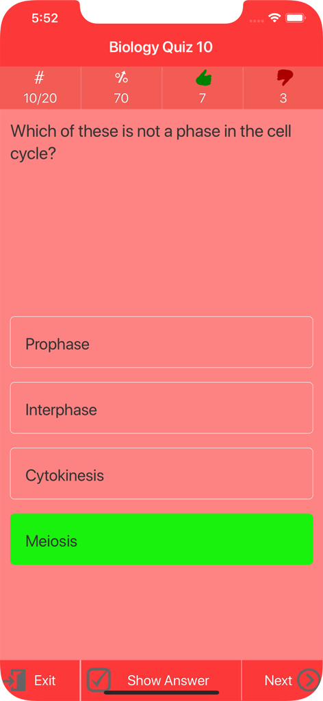College Biology Quiz - College Biology Quiz app interface showing a multiple choice question about the cell cycle.