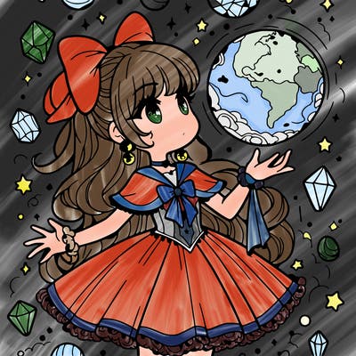 magical girl with floating orb in hand  crystals everywhere.