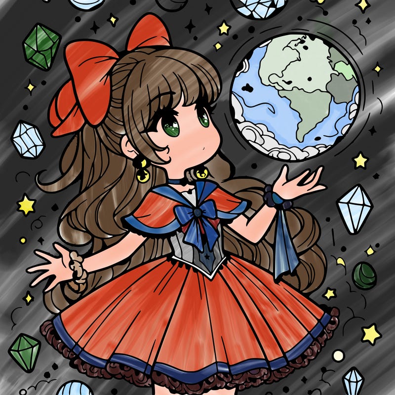 magical girl with floating orb in hand  crystals everywhere.