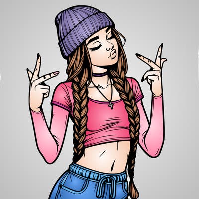 realistic teenage girl with braids and a beanie and crop top doing 🫶🏼