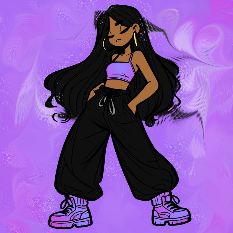 girl in baggy pants crop top and long hair