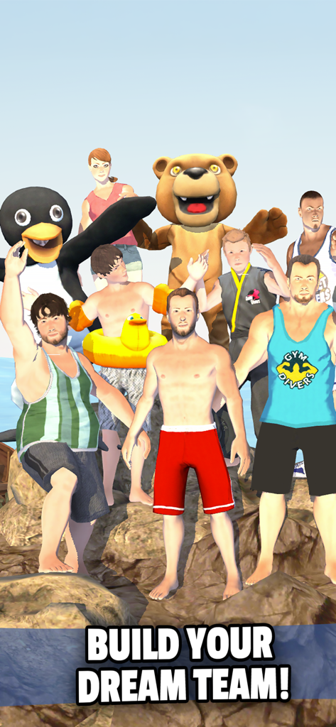 Flip Diving - Eine Gruppe verschiedener und verrückter Charaktere aus dem Handyspiel Flip Diving, darunter ein Pinguin-Maskottchen und ein Bodybuilder, die auf einem Felsen stehen.