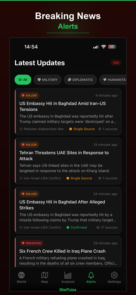 WarPulse - Conflict Tracker - Interface de l'application mobile WarPulse montrant une liste de mises à jour de conflits en temps réel et d'alertes d'actualités.