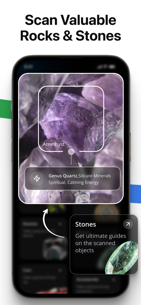 A mobile app interface showing Lens AI identifying an amethyst stone with geological details