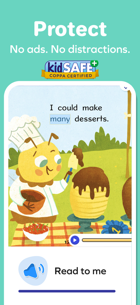 Una pantalla con certificación kidSAFE COPPA de Splash Reading que muestra un personaje de chef abeja con una función de audio interactiva 'leer conmigo'.