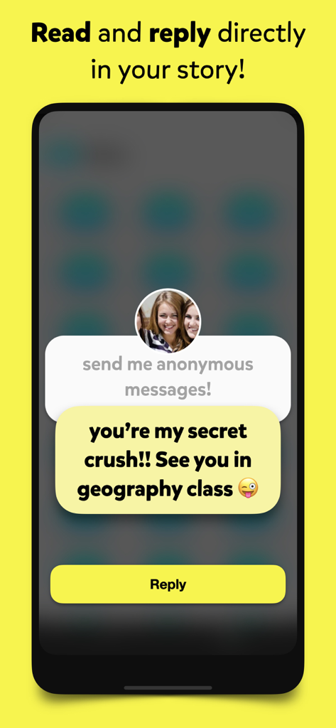 Not Gonna Lie - Screenshot of the Not Gonna Lie app showing an anonymous message about a secret crush with a button to reply in a social media story