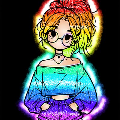 girl with a messy ponytail glasses a baggy crop top and jean shorts