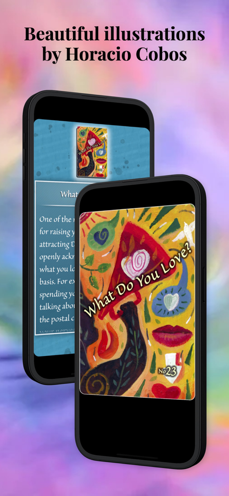 Trust Your Vibes Oracle Cards - Two iPhones showing colorful oracle card illustrations and descriptions from the Trust Your Vibes app