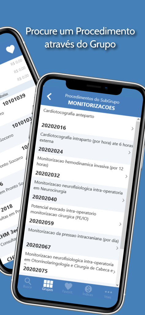 PMED - Preço Médico TUSS CBHPM - Interface do aplicativo móvel PMED exibindo códigos de procedimentos médicos e descrições por subgroup para faturamento