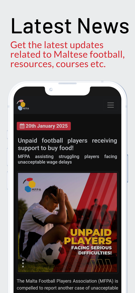 MFPA - Sezione ultime notizie dell'app mobile MFPA che fornisce aggiornamenti sui calciatori maltesi.