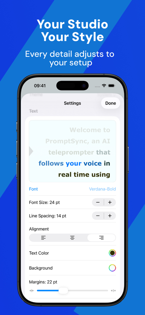 Teleprompter - Script Writing - Settings screen of the PromptSync teleprompter app showing customization options for font size line spacing and text color