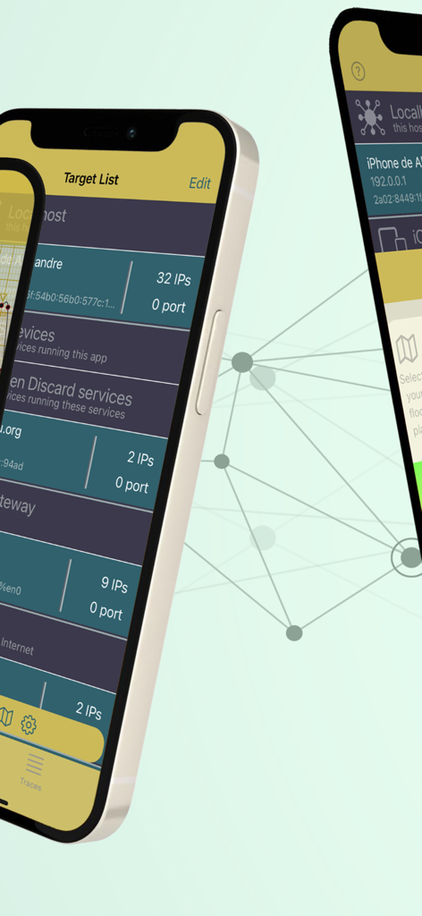WiFi Network Tools & Maps - Target List screen showing local devices and IP addresses in the WiFi Network Tools app