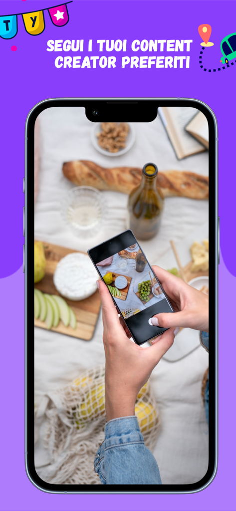 Sluurpy - eat & share - Un écran de smartphone affichant l'application Sluurpy avec une personne prenant une photo d'un pique-nique et un texte suggérant de suivre ses créateurs de contenu préférés.