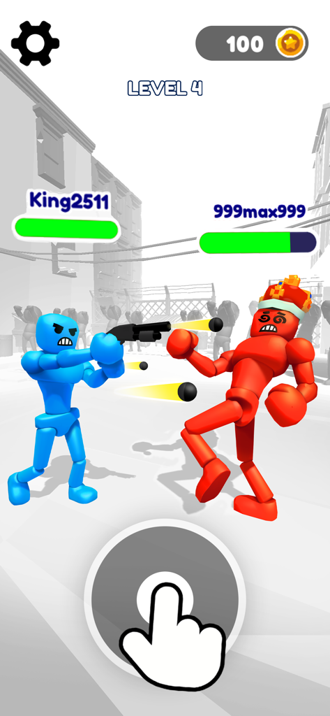 Ragdoll Stick Fighter: Bash - A blue stickman character shooting a red stickman wearing a crown in a 3D fighting game arena.
