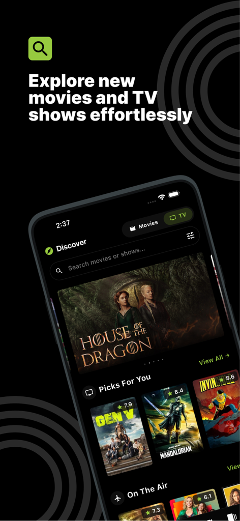 Cineswipe app discovery screen featuring House of the Dragon and personalized movie recommendations
