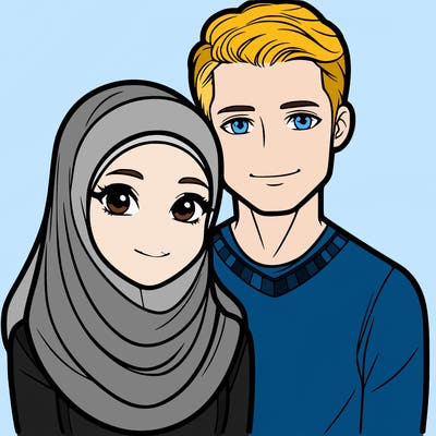 a muslim girl who wears a veil and a european man together, realistic