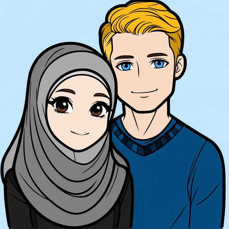 a muslim girl who wears a veil and a european man together, realistic