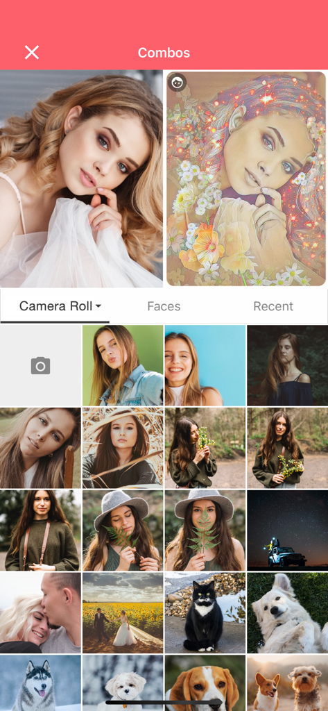 Love Cards + - Interfaz de la aplicación Love Cards mostrando un efecto de filtro floral romántico aplicado a un retrato y una selección de fotos de la galería.