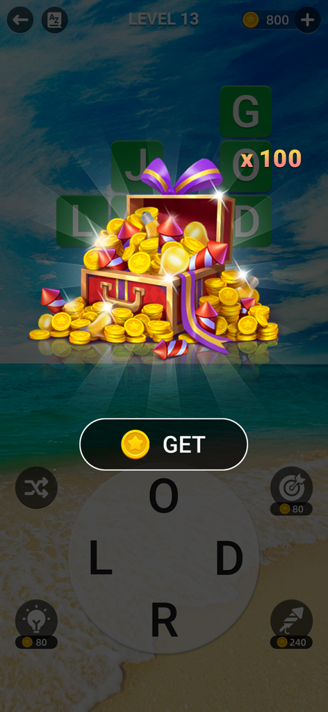 Holyscapes - Bible Word Game - A treasure chest overflowing with gold coins as a level reward in the Holyscapes Bible word puzzle game
