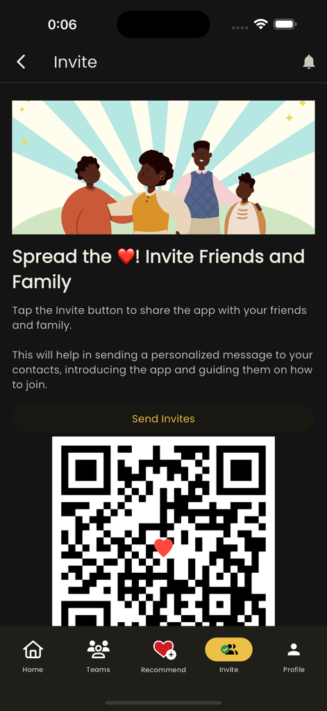 I Love Black People SafePlaces - Pantalla de invitación de amigos y familiares de la aplicación I Love Black People SafePlaces con un código QR.