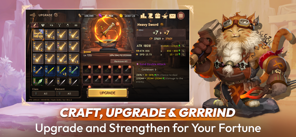 猫の鍛冶屋キャラクターが登場するNine Chronicles Mの装備アップグレード画面