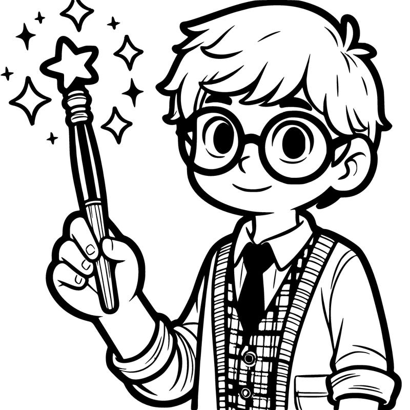boy with glasses holding a magic wand