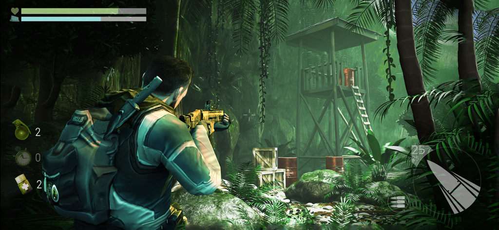 Cover Fire: Gun Shooting games - Perspectiva en tercera persona de un soldado apuntando con un rifle en una misión en la jungla en Cover Fire