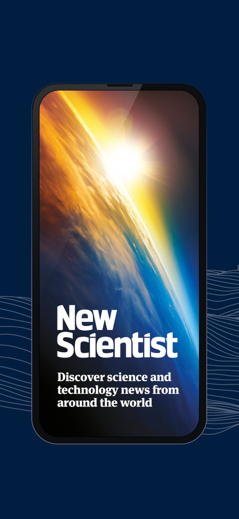 Schermata principale dell'app New Scientist che mostra un'alba sulla Terra e lo slogan delle notizie scientifiche