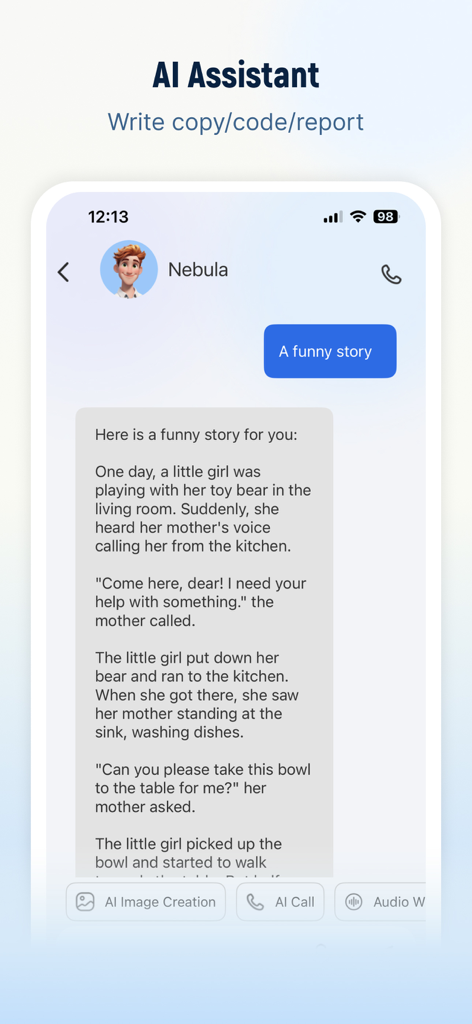 NebulaBuds - Interfaz del Asistente de IA de NebulaBuds mostrando una historia generada en una ventana de chat con funciones de productividad