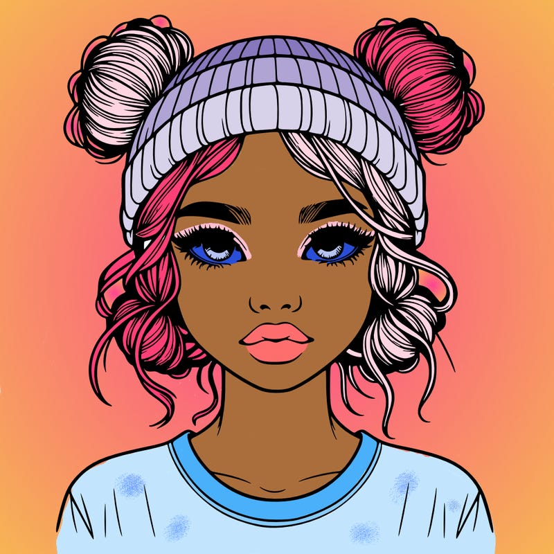 realistic girl with buns in her hair with a beanie on
