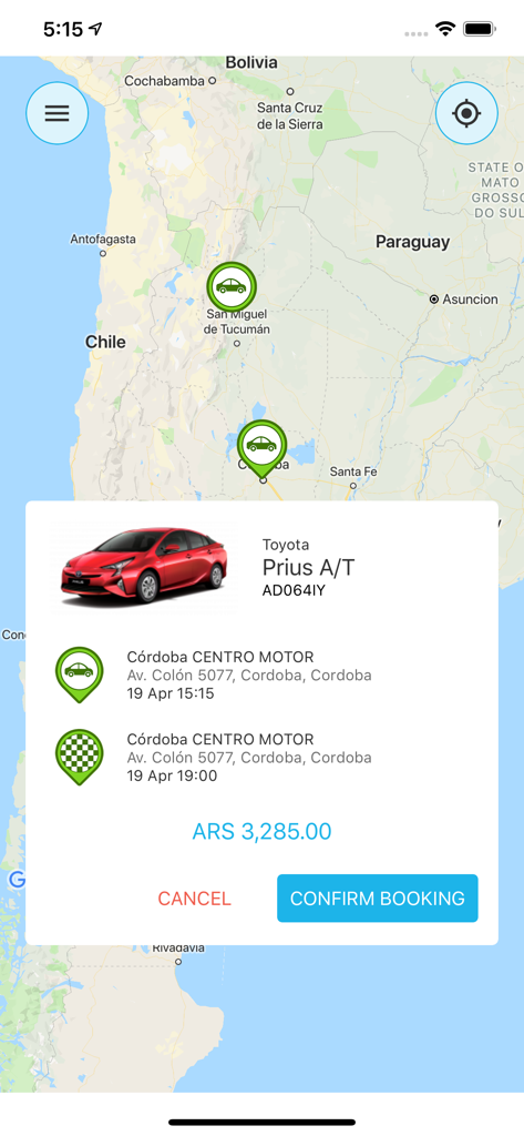 KINTO SHARE LATAM - Tela de reserva do aplicativo KINTO Share LATAM para um Toyota Prius em Córdoba, Argentina